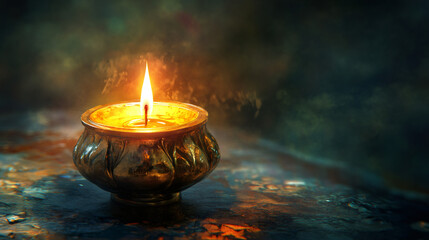 Poster - Dimly lit oil lamp casting a warm and spiritual glow in a dark setting for ramadan