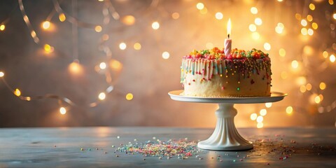 Poster - Festive Birthday Cake with Sprinkles and Candle on Cake Stand, Illuminated by Warm Fairy Lights