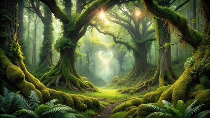 Poster - Sunlit Path Through a Lush, Moss-Covered Enchanting Forest