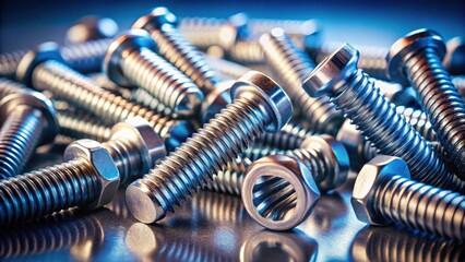 Poster - Close-up of numerous metallic screws and nuts arranged on a reflective surface