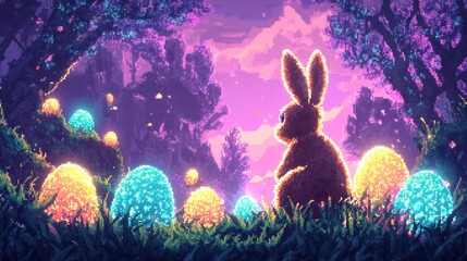 Poster - a pixelated bunny surrounded by glowing neon easter eggs in a magical pixel-art landscape.