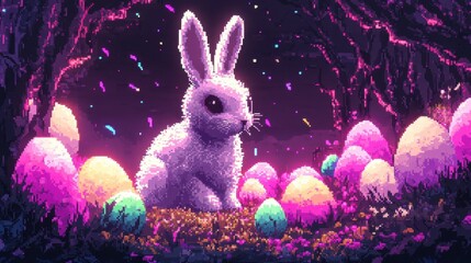 Poster - a pixelated bunny surrounded by glowing neon easter eggs in a magical pixel-art landscape.