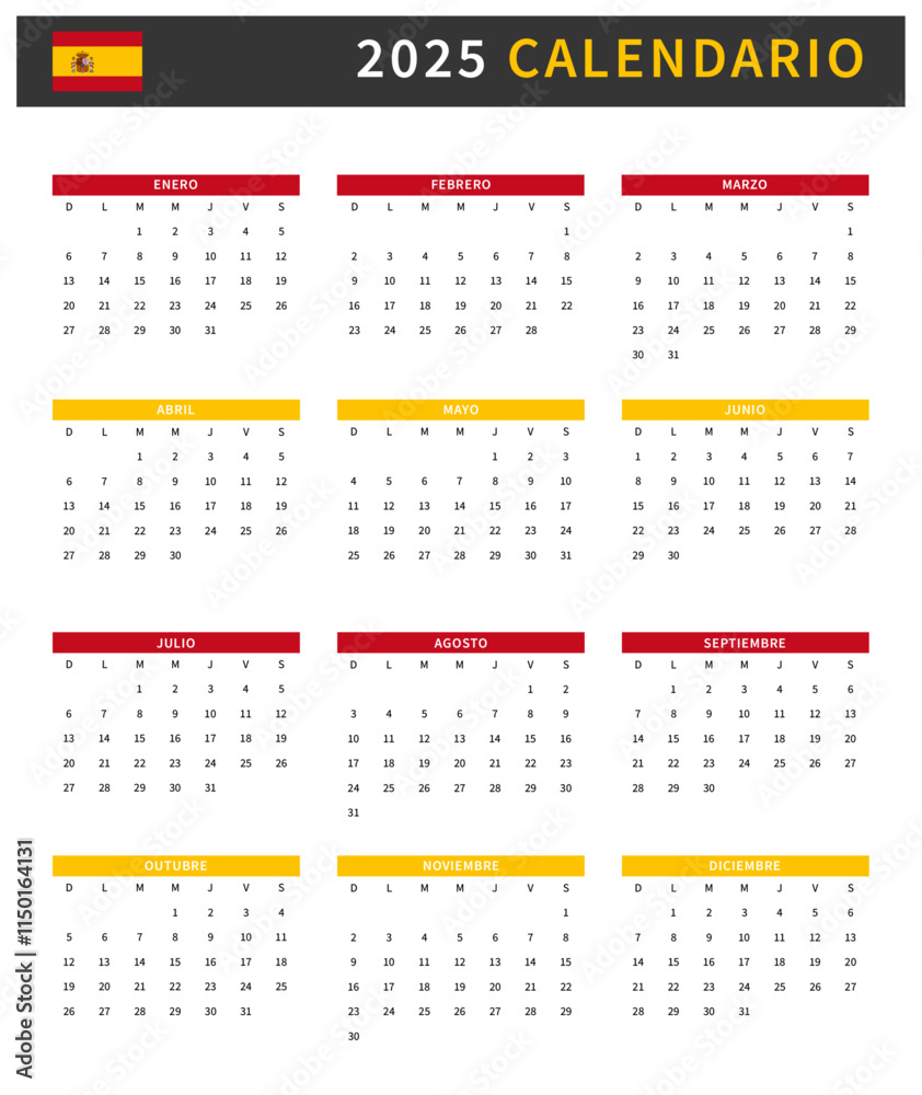 Calendar 2025 Spain Template Design. Spanish Calendario, week starts ...