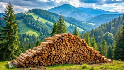 Poster - A large stack of freshly cut logs rests on a grassy hillside, overlooking a vast and picturesque mountain range covered in lush evergreen forests under a bright, partly cloudy sky.
