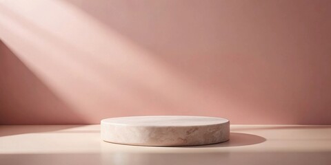 Poster - Elegant round pedestal on a soft pink surface, bathed in sunlight