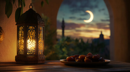 Poster - Traditional islamic still life with dates, illuminated lantern, and crescent moon, symbolizing ramadan, the holy month of fasting and prayer