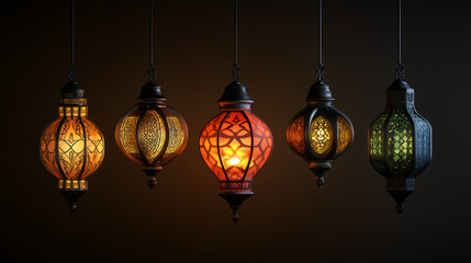 Poster - Five ornated arabic lanterns hanging, emitting a warm glow, celebrating the holy month of ramadan with intricate and traditional design
