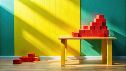 Poster - Red blocks stacked on a small yellow table against a vibrant yellow and teal wall in a sunlit room
