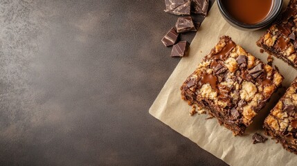 A tantalizing set of chocolate brownie bars, decadently topped with crumbly chocolate bits, perfect for anyone seeking a rich, comforting dessert experience.