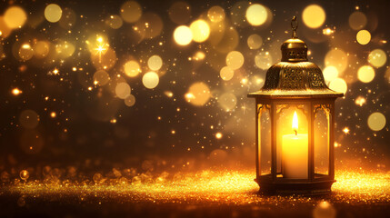Poster - Golden, ornate lantern emits a warm, inviting glow, symbolizing the spirit and celebration of ramadan against a backdrop of sparkling bokeh lights