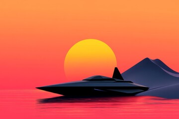 Poster - A clean flat design of a futuristic spacecraft hovering over a planetary surface, rendered in soft gradients