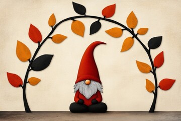 Poster - A clean illustration of a gnome sitting under a stylized flower arch, with only a few colors and a focus on simple shapes