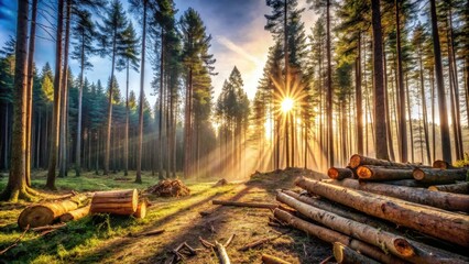 Aufkleber - Golden rays illuminate a recently harvested pine forest, showcasing the contrast between the felled timber and the remaining trees at sunrise.