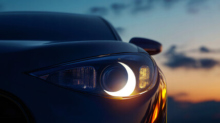 Poster - Car headlight casting crescent moon shape at sunset, representing ramadan, islam, and fasting