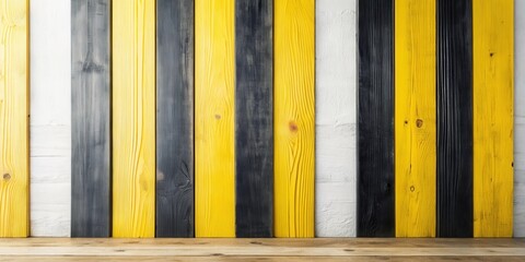 Poster - Striking yellow and black vertical wood planks against a whitewashed background with a wooden surface at the bottom, perfect for product display or design inspiration.