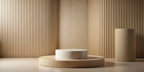 Aufkleber - Minimalist Beige Product Display with Cylindrical Platforms and Textured Walls