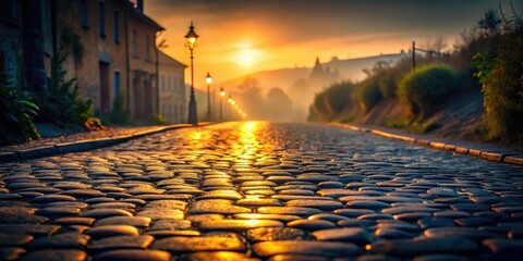 Aufkleber - Golden Hour on a Cobblestone Street with Lampposts