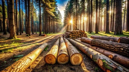 Aufkleber - Golden Hour in a Pine Forest Sunbeams Illuminate Harvested Logs