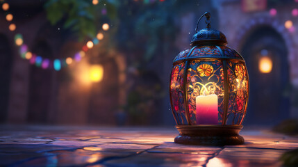 Poster - Ornate lanterns with lit candles resting on a tiled floor cast a warm glow against colorful string lights, evoking a serene ramadan atmosphere