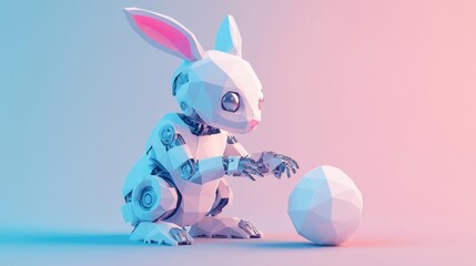 Poster - A robot rabbit in low-poly style, delicately holding an Easter egg, set against a solid color backdrop to enhance the playful and futuristic theme.