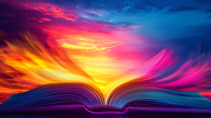 Aufkleber - Stunning and inspiring image of an open book with a colorful, magical sunset sky reflecting on its pages
