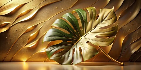 Leinwandbilder - Golden Leaf on Abstract Gold Background with Elegant Wave Design