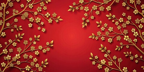 Aufkleber - Red background with gold floral branches and blossoms, elegant design