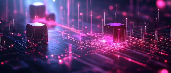 Poster - Virtual digital network with interconnected interfaces, data flowing between devices, representing modern communication technology in a connected world, ultrarealistic