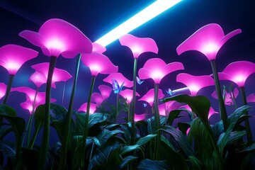 Poster - A cyberpunk-inspired gnome garden with glowing neon flowers, futuristic metal gnome statues, and holographic butterflies fluttering in the air