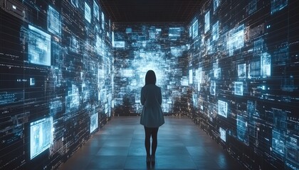 Poster - Advanced virtual interfaces within a digital network, continuous data exchange, representing technology and communication in an interconnected world, ultradetailed view