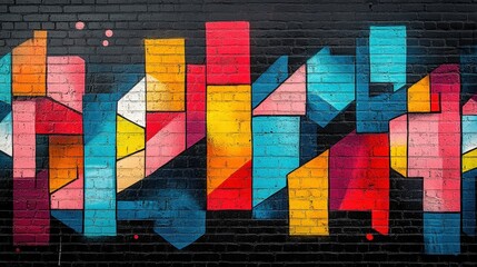 Poster - Colorful geometric graffiti art on a brick wall.
