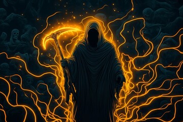 Aufkleber - A dark illustration of a deity of the underworld holding a glowing scythe, surrounded by ghostly figures and dim, flickering light