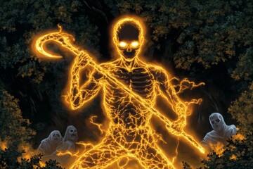 Aufkleber - A dark illustration of a deity of the underworld holding a glowing scythe, surrounded by ghostly figures and dim, flickering light