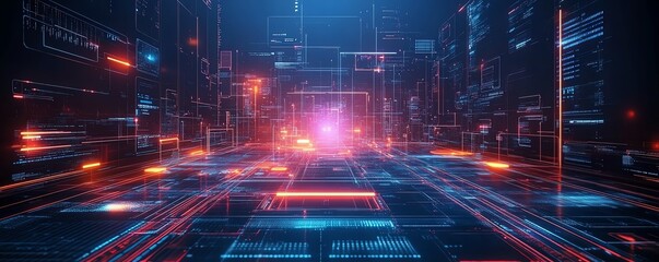 Poster - Digital network with interactive virtual interfaces and data exchange, symbolizing modern technology and communication in a globally connected world, lifelike scene