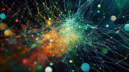 Poster - Abstract colorful network plexus background with glowing particles.