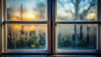 Aufkleber - A double-paned window displays condensation patterns during a sunset, creating an evocative and atmospheric scene.