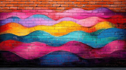 Poster - Colorful wave mural painted on a brick wall.
