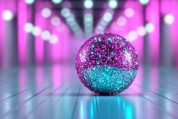 Poster - A digital 3D illustration of a glitter-coated sphere, glowing with radiant light, placed on a reflective surface in a modern art gallery