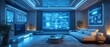 © Thanaseth - Hightech futuristic living room with holographic projections and sleek decor, smart home interface on walls, showcasing cuttingedge technology and design elements