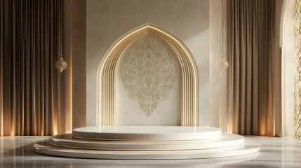 Poster - Luxurious setting with traditional arabian lanterns and a golden arch surrounding a white round podium in warm sunlight for ramadan