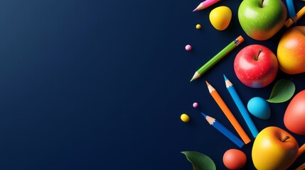 Wall Mural - Colorful Pencils Apples School Supplies Background - Back to school concept. Colorful pencils, apples, and leaves on a dark blue background. Symbolizes education, knowledge, health, growth, and creati