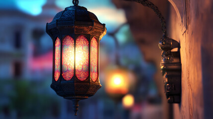 Poster - Beautiful ornate lantern hanging on a wall, casting a warm glow, during the holy month of ramadan