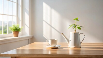 Poster - Peaceful morning sunlight illuminates a wooden table with a coffee cup and a small plant in a watering can