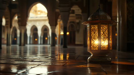 Poster - Golden lantern illuminating the serene ambiance of a mosque during ramadan, evoking peace and reflection on the polished floor