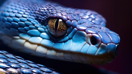 Wall Mural - A mesmerizing close-up of a blue viper snakeâ€™s face, iridescent scales reflecting shades of sapphire and aquamarine, ultra-realistic, studio lighting. 