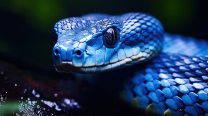 Wall Mural - Close-up of a blue viper snakeâ€™s face, its scales glistening with dew, sharp fangs visible, set against a blurred jungle background, macro photography style, ultra-realistic 