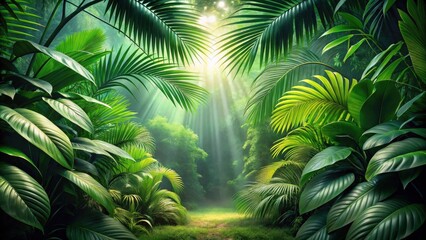 Aufkleber - Lush Tropical Rainforest with Sunbeams Illuminating a Path