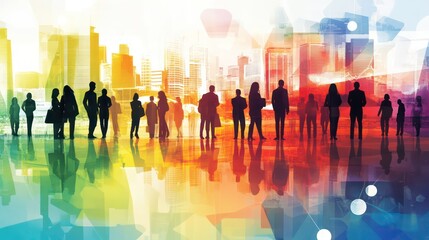 Aufkleber - Diverse people silhouettes stand before a vibrant cityscape reflecting on a colorful surface.
