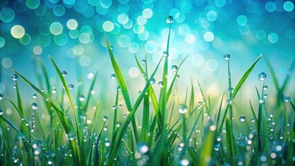 Poster - Vibrant Green Blades of Grass Adorned with Sparkling Morning Dew Drops Against a Soft Blue Bokeh Background
