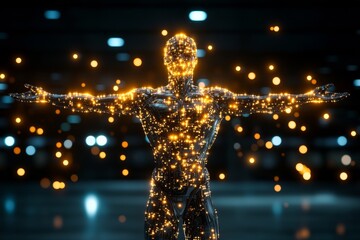 Poster - A futuristic depiction of a god as a holographic figure made of glowing geometric patterns, surrounded by high-tech interfaces and floating light constructs